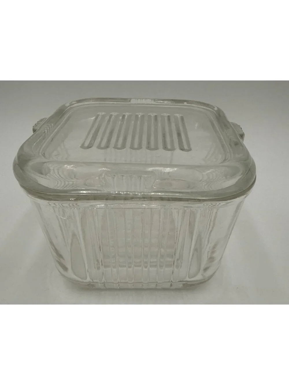 Vintage Clear Glass Refrigerator Ribbed Design Dish With Lid No Chips/Cracks